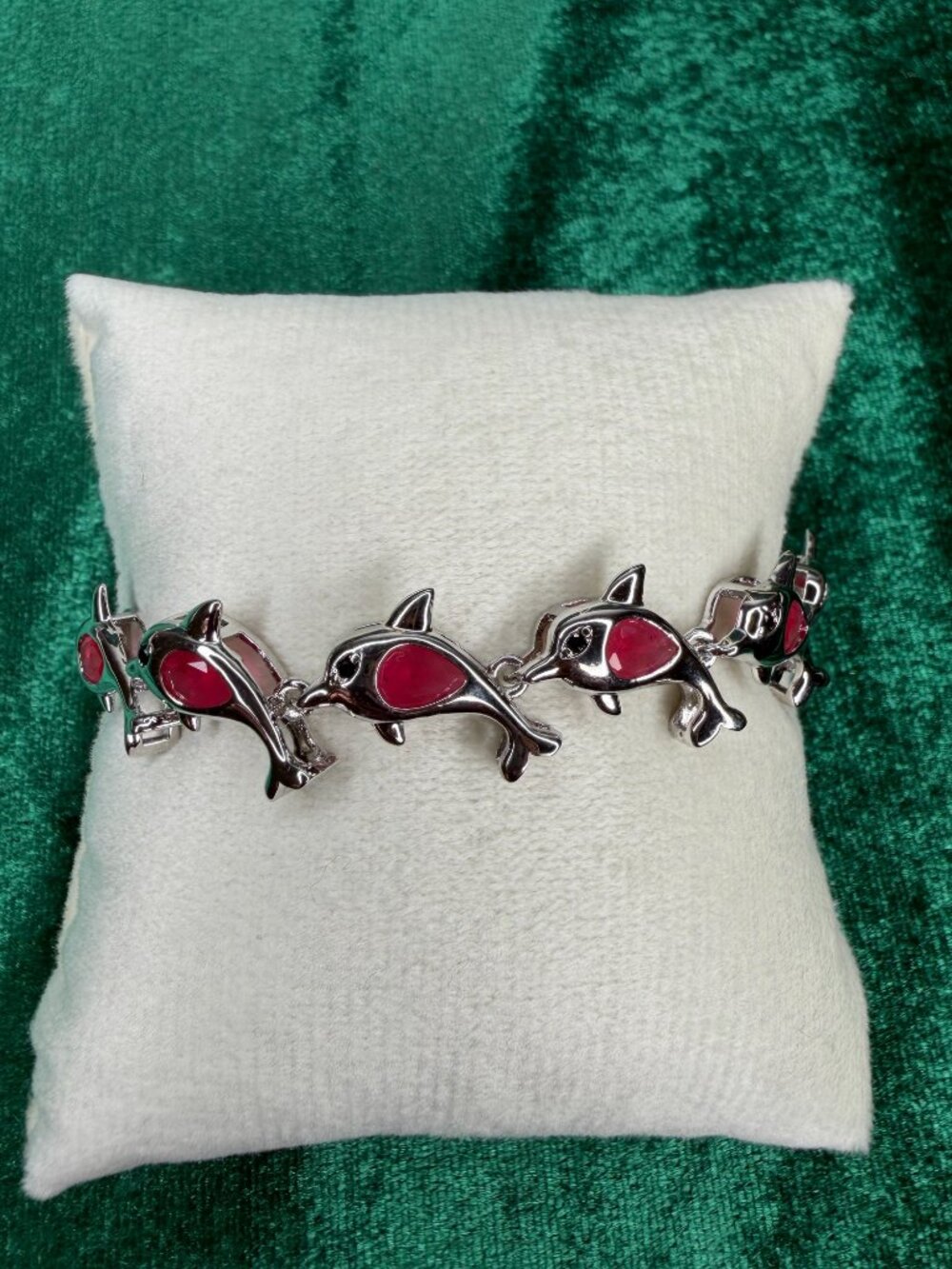 Silver Tone Dolphin Link Bracelet Red Pink Pear Shaped Stones Fold Over Clasp